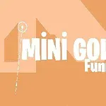 Napis Mini Golf Funny na pomarańczowym tle z białą piłką i linią trajektorii