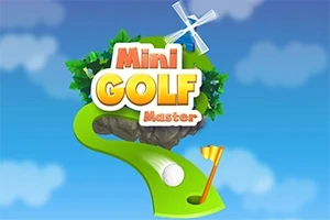 Logo z kolorowym napisem Mini Golf Master na tle nieba z chmurami, z zieloną ścieżką, białą piłką, chorągiewką i wiatrakiem