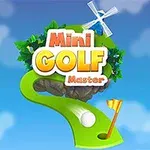 Logo z kolorowym napisem Mini Golf Master na tle nieba z chmurami, z zieloną ścieżką, białą piłką, chorągiewką i wiatrakiem