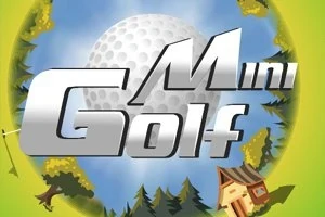 Grafika przedstawia duży napis Mini Golf na tle golfowej piłki, otoczonej drzewami i domkiem na zielonej poświacie