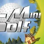 Grafika przedstawia duży napis Mini Golf na tle golfowej piłki, otoczonej drzewami i domkiem na zielonej poświacie