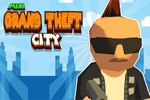 Postać z kreskówkowymi cechami nosi okulary przeciwsłoneczne i stoi na tle miejskiego krajobrazu z napisem „Mini Grand Theft City”
