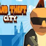 Postać z kreskówkowymi cechami nosi okulary przeciwsłoneczne i stoi na tle miejskiego krajobrazu z napisem „Mini Grand Theft City”