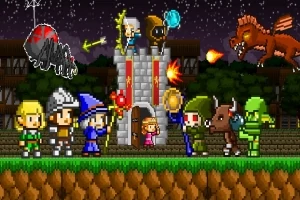 Pikselowa grafika przedstawiająca grupę postaci w średniowiecznych strojach walczących z potworem przed zamkiem