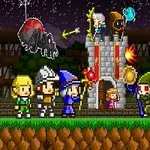 Pikselowa grafika przedstawiająca grupę postaci w średniowiecznych strojach walczących z potworem przed zamkiem