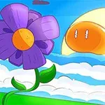 Fioletowy kwiat z żółtym środkiem na tle nieba z chmurami i pomarańczowym słońcem