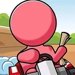 Różowa postać w gokarcie trzymająca miotłę na torze wyścigowym