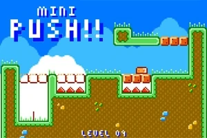 Grafika z pikselową platformą w stylu retro z napisem MINI PUSH!