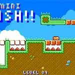 Grafika z pikselową platformą w stylu retro z napisem MINI PUSH!