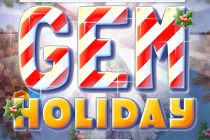 Napis GEM HOLIDAY z literami ozdobionymi świątecznymi motywami, takimi jak paski cukierkowe i ostrokrzewy, na tle zimowego krajobrazu