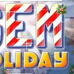 Napis GEM HOLIDAY z literami ozdobionymi świątecznymi motywami, takimi jak paski cukierkowe i ostrokrzewy, na tle zimowego krajobrazu