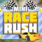 Plakat z napisem MINI RACE RUSH otoczony gwiazdami i flagami szachownicy, z żółtym sportowym samochodem w prawym dolnym rogu
