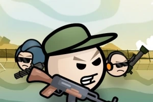 Trzy kreskówkowe postacie z bronią, z czego jedna nosi zieloną czapkę, a pozostałe okulary przeciwsłoneczne, na tle ogrodzenia