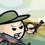 Trzy kreskówkowe postacie z bronią, z czego jedna nosi zieloną czapkę, a pozostałe okulary przeciwsłoneczne, na tle ogrodzenia