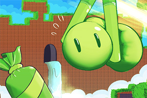 Zielona postać z uśmiechem skacze na tle pikselowej scenerii z chmurami i platformami