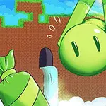 Zielona postać z uśmiechem skacze na tle pikselowej scenerii z chmurami i platformami