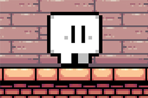 Pixeloza postać w kształcie kwadratu na tle ceglanej ściany i platformy