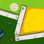 Krasnolud z czerwonym kapeluszem stoi obok trawnika i piaskowego obszaru, trzymając kij golfowy