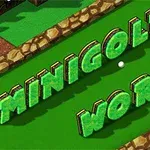 Zielony napis MINIGOLF WORLD na tle trawiastej powierzchni z kamiennymi krawędziami