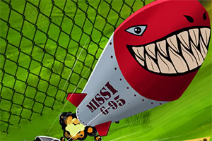 Pocisk z uśmiechniętą, groźnie wyglądającą twarzą i napisami MISSI G-95 na zielonym tle z siatką