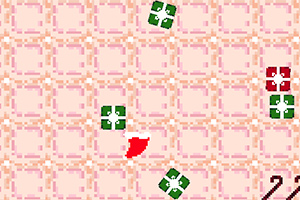 Różowe tło z zielonymi i czerwonymi kwadratami oraz centralnie umieszczonym czerwonym kształtem