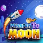 Rakieta lecąca w kierunku księżyca na tle kosmosu z kolorowymi planetami oraz napis Mission To Moon