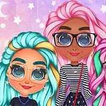 Trzy animowane postacie z dużymi oczami i kolorowymi włosami, noszące okulary, na tle gwiazd i księżyca