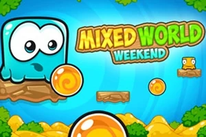 Kolorowa grafika z niebieskim, kwadratowym stworkiem z dużymi oczami na platformie, napisem MIXED WORLD WEEKEND i pomarańczowymi kulami na tle przyrody