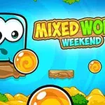 Kolorowa grafika z niebieskim, kwadratowym stworkiem z dużymi oczami na platformie, napisem MIXED WORLD WEEKEND i pomarańczowymi kulami na tle przyrody