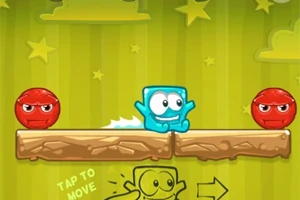 Niebieski kwadratowy stworek porusza się po drewnianej platformie między dwoma czerwonymi kulistymi postaciami na zielonym tle z gwiazdami