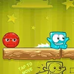 Niebieski kwadratowy stworek porusza się po drewnianej platformie między dwoma czerwonymi kulistymi postaciami na zielonym tle z gwiazdami