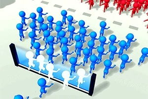 Niebieskie postacie biegnące w kierunku przezroczystej bariery z niebieskimi i czerwonymi postaciami w tle