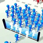 Niebieskie postacie biegnące w kierunku przezroczystej bariery z niebieskimi i czerwonymi postaciami w tle