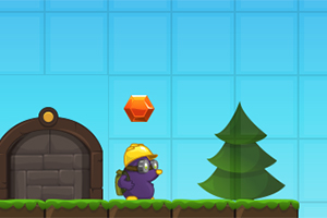 Fioletowa postać w kasku pod czerwonym klejnotem obok drzewa i bramy na trawiastej platformie