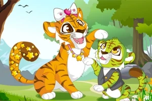 Dwa rysunkowe tygrysy, młody i dorosły, bawią się na tle lasu, a większy ma różową kokardkę na głowie i naszyjnik