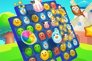 Kolorowa plansza z uśmiechniętymi zwierzętami i kulą plażową, na tle wiejskiego krajobrazu z wiatrakiem i chmurami