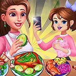 Dwie uśmiechnięte postacie przy stole z różnorodnymi potrawami oraz smartfon w ręce jednej z nich