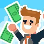 Animowana postać z jasnymi włosami i szerokim uśmiechem trzymająca pieniądze w rękach na tle błękitnego nieba