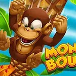 Małpa wspinająca się na palmę z uśmiechem na twarzy na tle błękitnego nieba, obok kolorowy napis Monkey Bounce