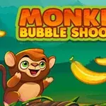 Małpka z szerokim uśmiechem otoczona bananami na tle dżungli, z napisem Monkey Bubble Shooter u góry
