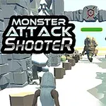 Postać w kapturze biegnie w kierunku dużego potwora na zaśnieżonej ścieżce między skałami, z napisem „Monster Attack Shooter”