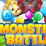 Kolorowa ilustracja z trzema postaciami: żółtym stworkiem, niebieskim blobem i ciemną postacią w pelerynie, otoczonych kolorowymi kryształami oraz napisem MONSTER BATTLE