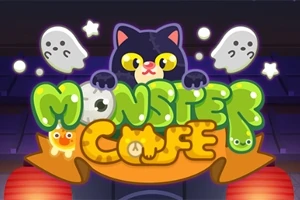 Czarny kot z żółtymi oczami otoczony przez duchy i kolorowy napis Monster Cafe na tle nocnego krajobrazu