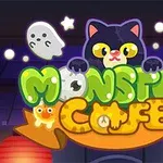 Czarny kot z żółtymi oczami otoczony przez duchy i kolorowy napis Monster Cafe na tle nocnego krajobrazu
