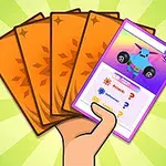 Ręka trzymająca pięć kart, z których jedna przedstawia kolorową postać w stroju superbohatera na tle gradientowym, a pozostałe karty mają pomarańczowe tło z wzorami