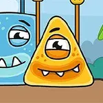 Dwa uśmiechnięte kolorowe potwory, niebieski i żółty, stojące obok siebie na tle przyrody