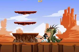 Osoba walcząca z zielonym smokiem na skalistej platformie w pustynnym krajobrazie