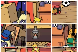 Kolorowa ilustracja przedstawiająca różne przedmioty w pokoju, w tym pudła, żółtą pluszową maskotkę, piłkę, kolejkę, portret, lampę i gitarę