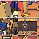 Kolorowa ilustracja przedstawiająca różne przedmioty w pokoju, w tym pudła, żółtą pluszową maskotkę, piłkę, kolejkę, portret, lampę i gitarę