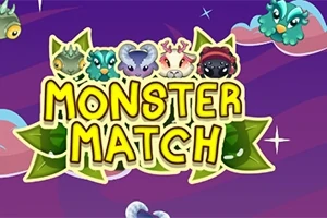 Kolorowe tło z animowanymi potworami i napisem Monster Match na środku